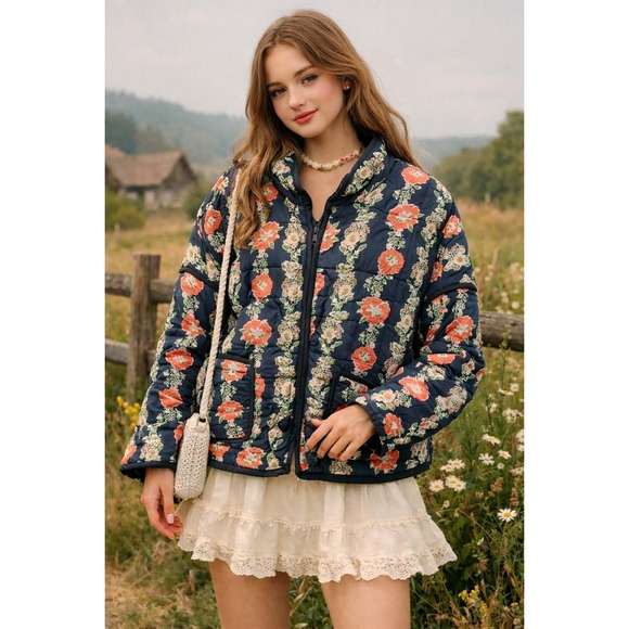 Free People Jackets & Blazers - Free People Chloe Floral-Print Quilted Cotton Jacket Blue M Cottagecore Y2K